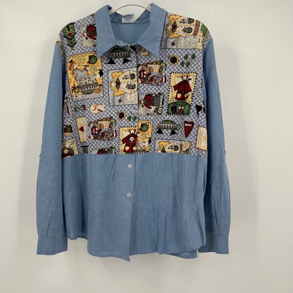 Womens Vintage Folk Art Novelty Print Chambray Shirt Size XL Country Teacher